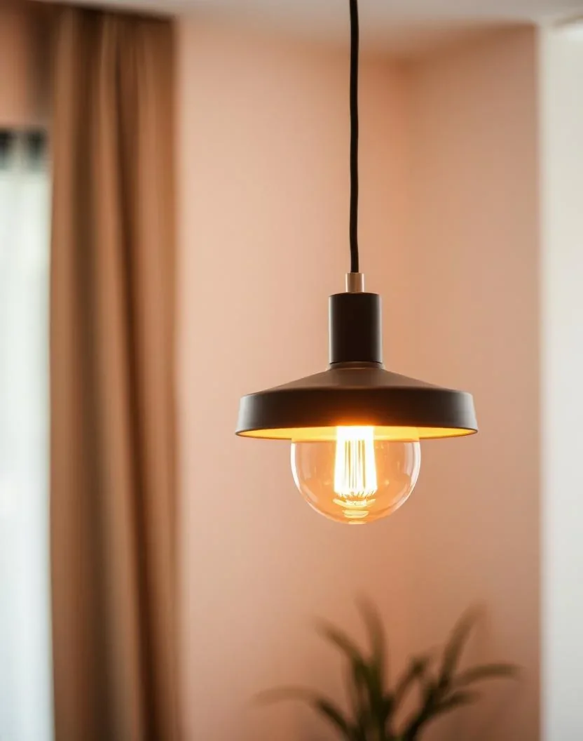 Warm pendant lighting above a residential dining area